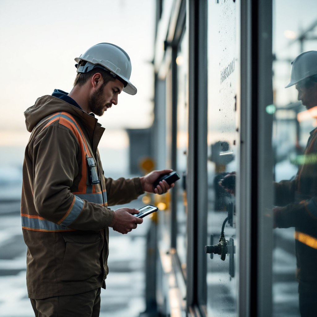 Technician using a portable tightness monitor near a hydrant access point on a taxiway, no text or numbers