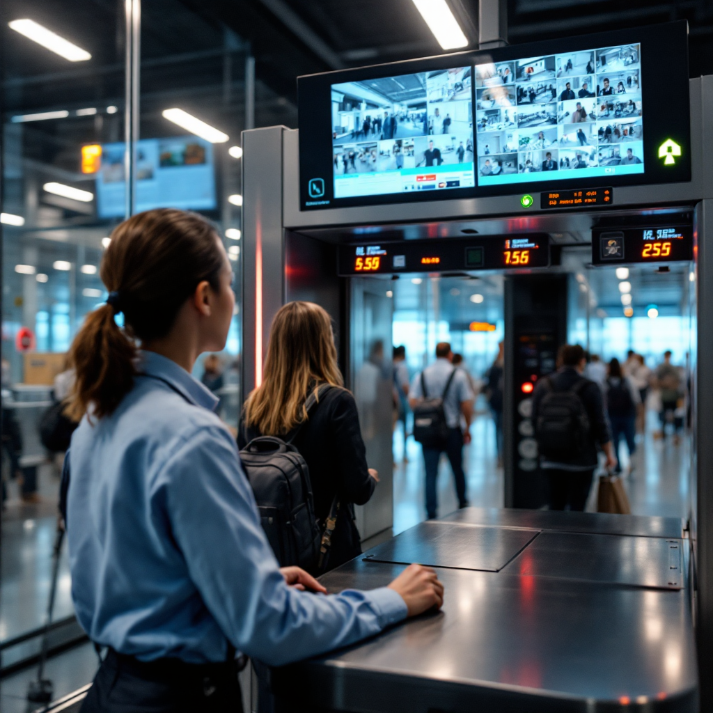 Security staff at a terminal checkpoint operating an automatic screening portal while a digital control panel displays alarm status and camera feeds, with passengers moving through calmly. No text or numbers in the image.