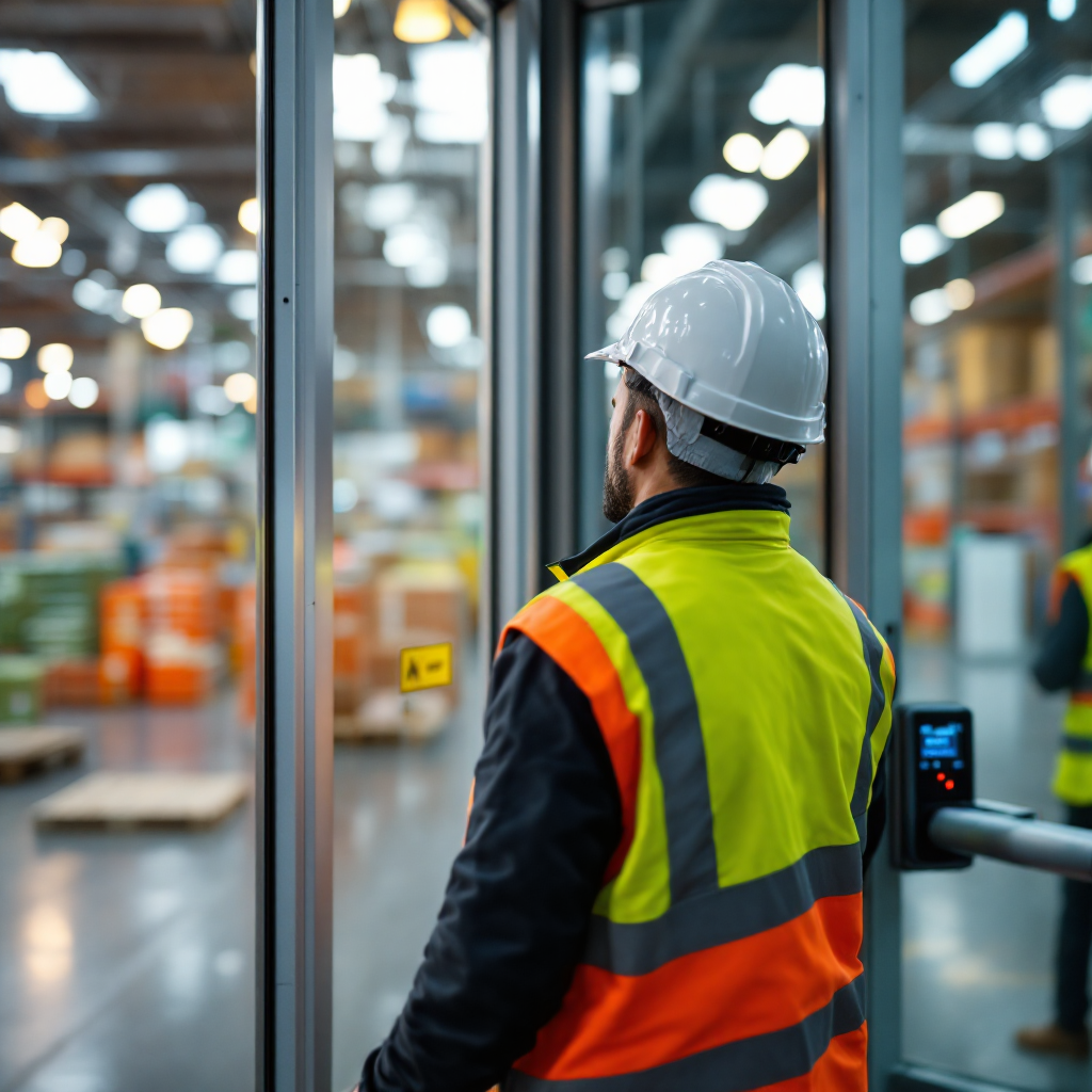 Worker entering secure area wearing PPE Close-up view from a security camera showing a worker in a high-visibility vest and hard hat entering a secure gate area with an access control reader and nearby signage, no text in image