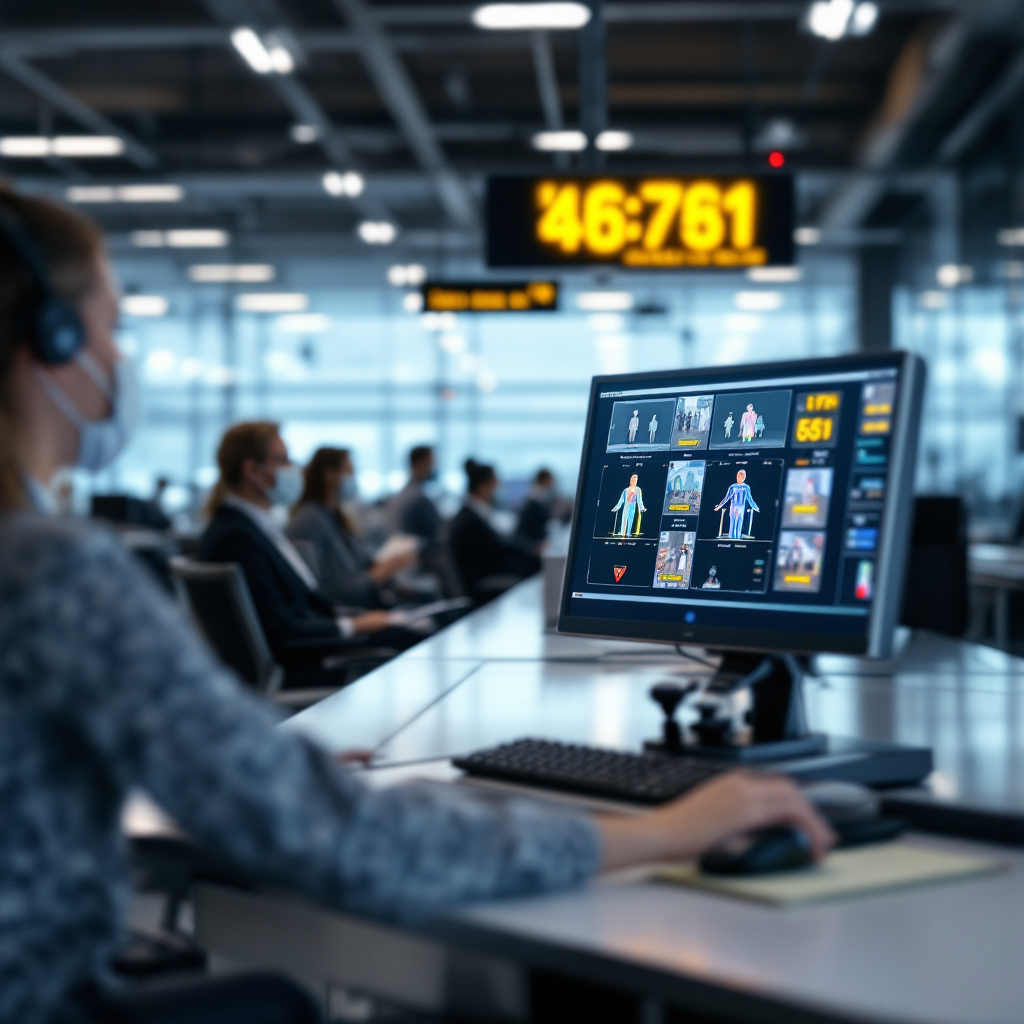 Punto di controllo aeroportuale con screening termico e console operativa