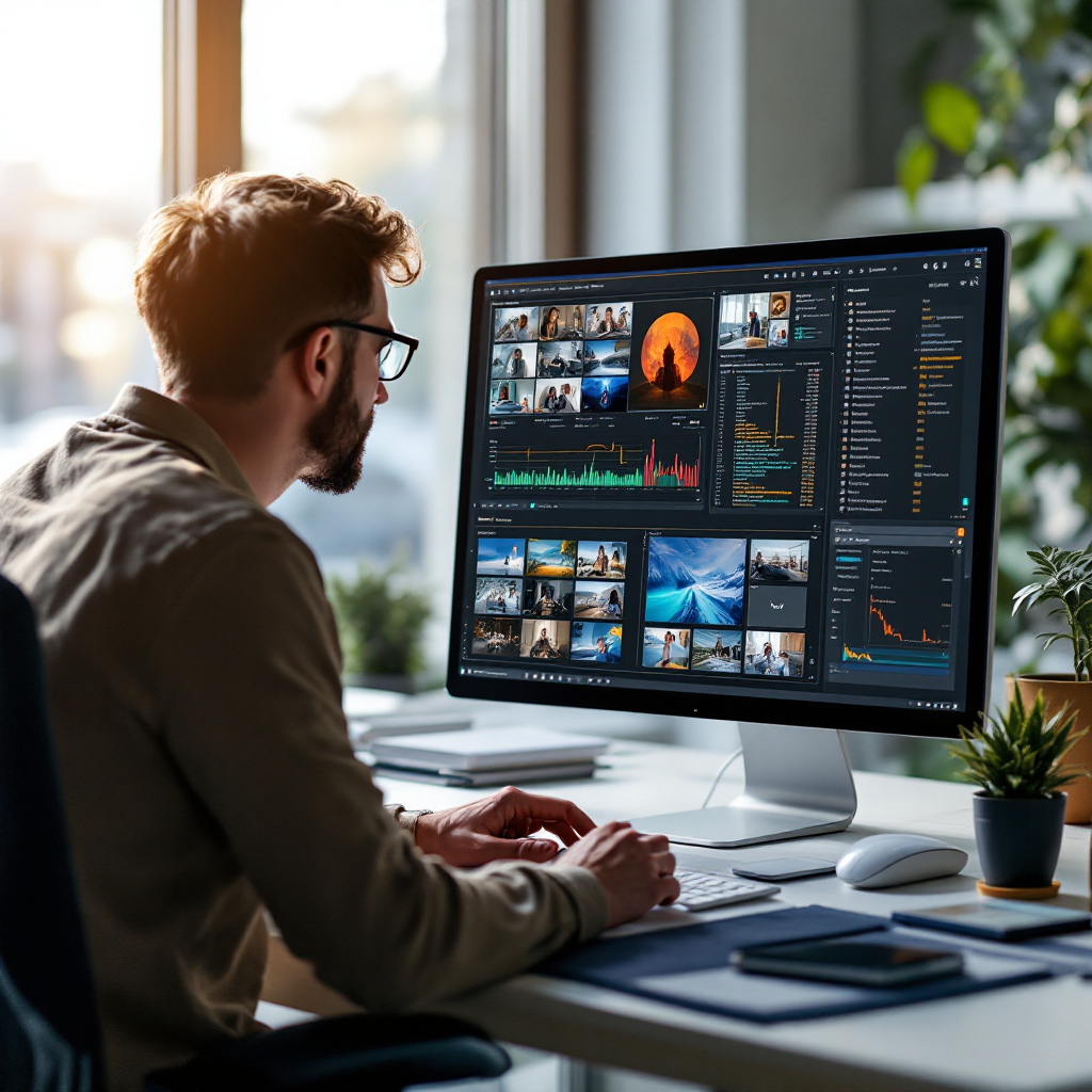 A forensic analyst workspace showing a timeline of synchronized video clips, metadata panels, and an audit log on a desktop screen, no people visible