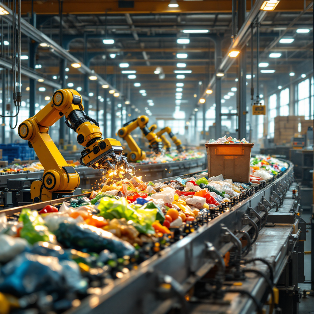Automated waste sorting with cameras and robotic arms A waste sorting facility with conveyor belts and robotic arms, overhead cameras capturing various types of recyclables being sorted by machines under bright factory lighting, with no people visible