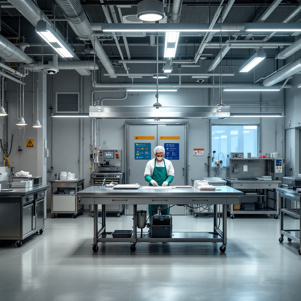 Interior view of a boning room workstation showing a worker at a stainless-steel table with safety signage, overhead cameras, proximity sensors on the ceiling, and clear lighting, no text, no people faces visible