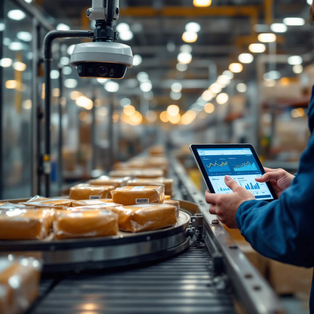 Close-up of a conveyor belt carrying packaged food items with a mounted camera inspecting labels and a nearby operator checking a tablet with analytics dashboards (no text or numbers)