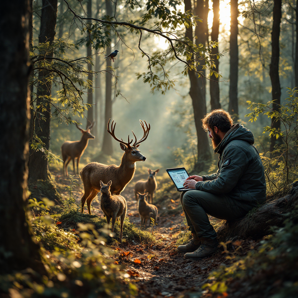 Camera trap in forest with wildlife and analyst viewing tags A forest trail camera trap view with deer and birds in natural habitat, soft morning light, and a conservationist checking a laptop with species tags visible