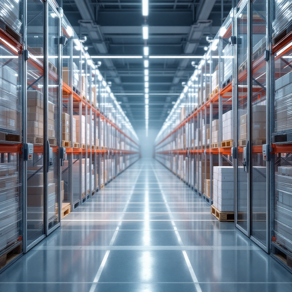 Cameras and sensors in a refrigerated warehouse A refrigerated warehouse interior with mounted cameras and IoT sensors monitoring pallets, clean and organized, no text or numbers