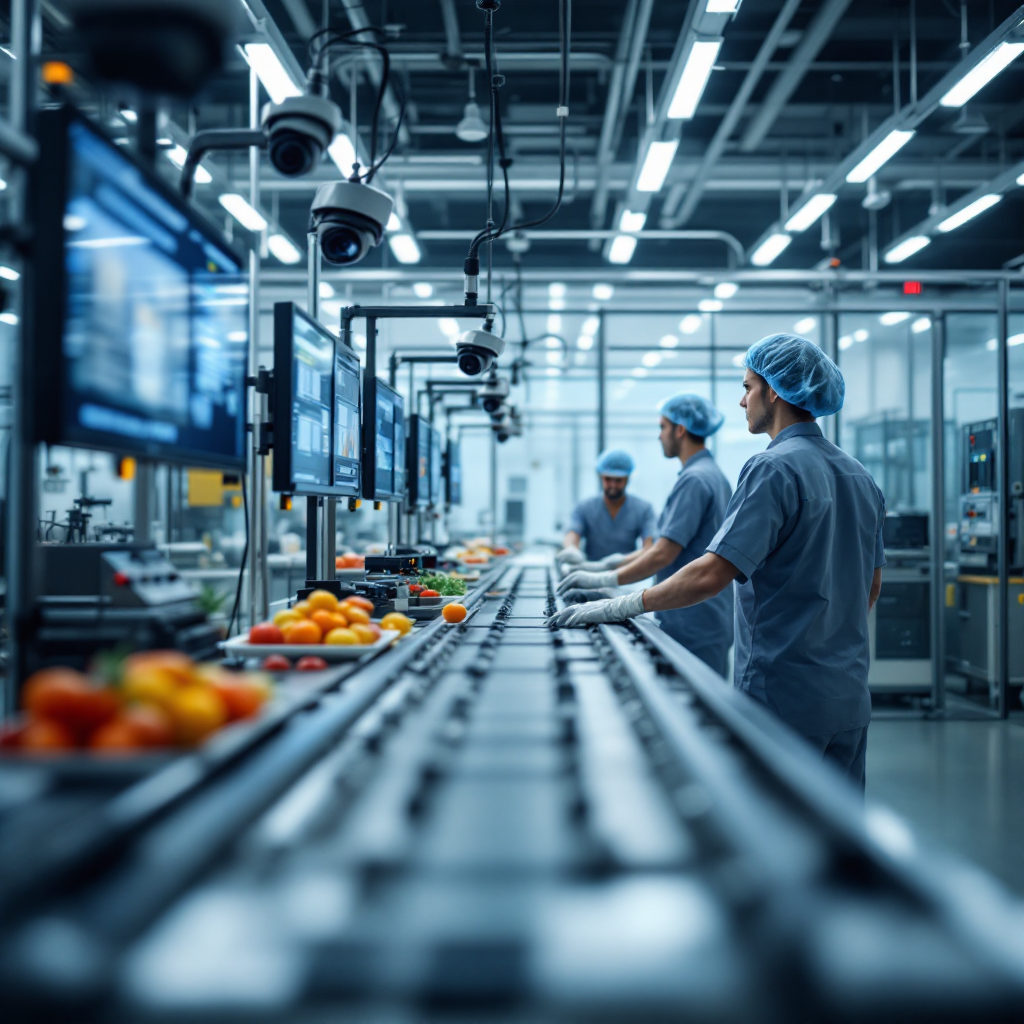 Cameras monitoring conveyor belt in processing plant A modern food processing line with cameras mounted above conveyor belts, showing technicians monitoring screens and servers in a clean industrial control room