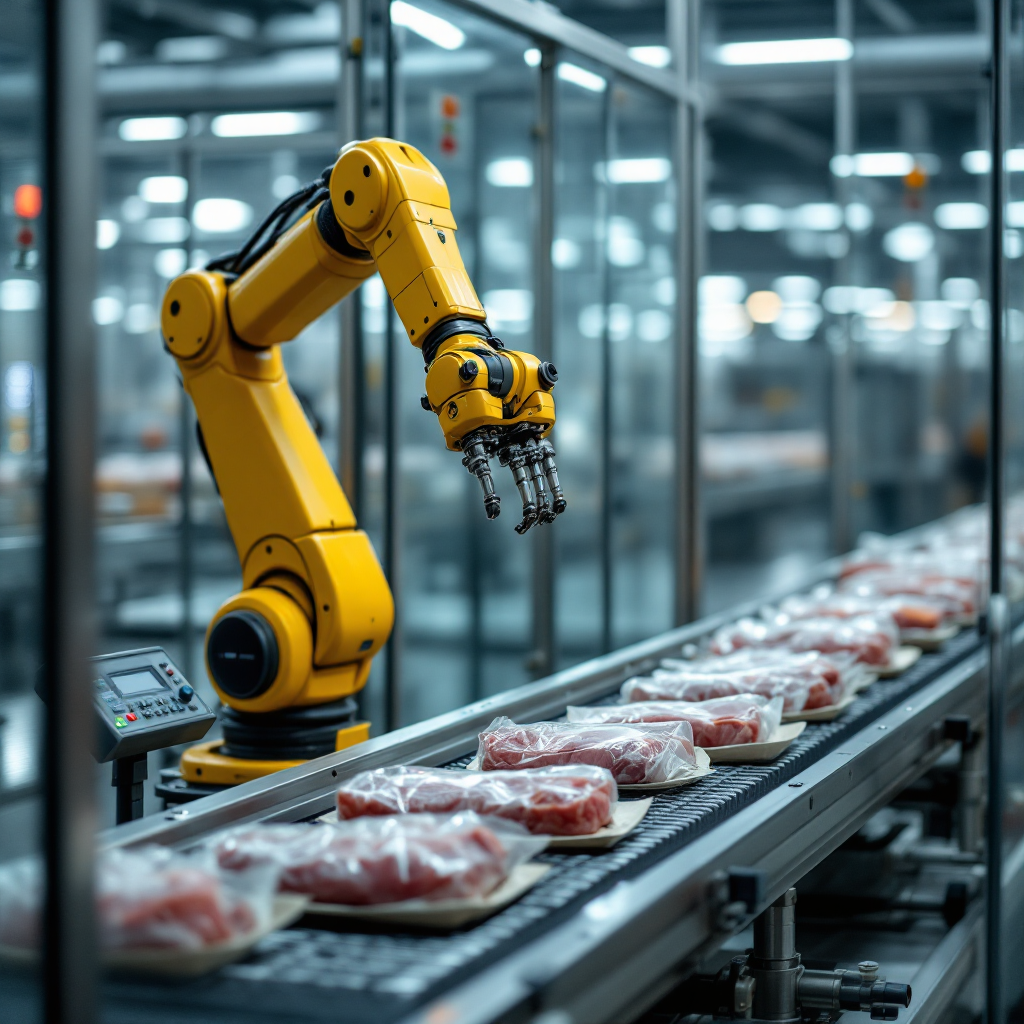 A collaborative robot arm working next to a conveyor belt with packaged meat products in a hygienic facility, with nearby sensors and a control panel visible, no text or numbers