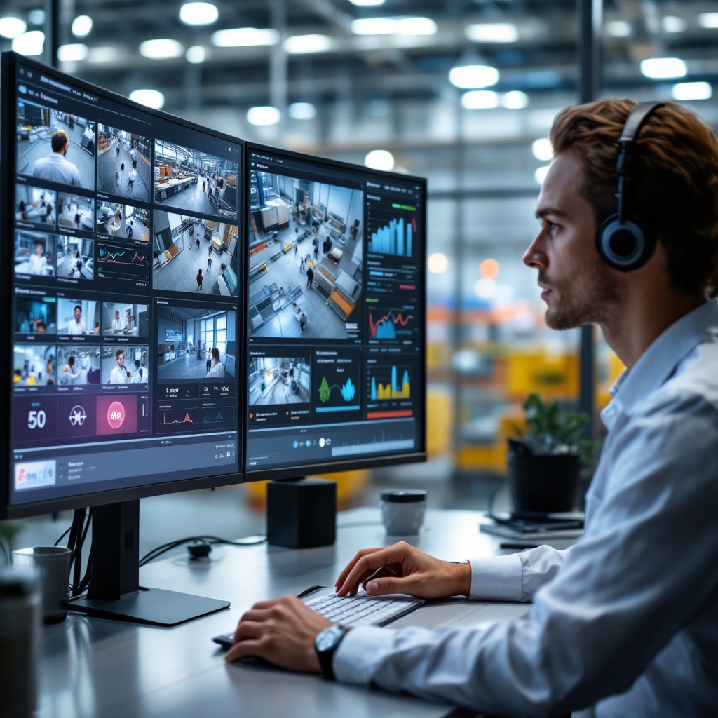 Control room dashboard with event feed and video clip Control room dashboard showing event feed and structured alerts from video analytics, operators reviewing a clip, modern clean facility environment, no text or numbers