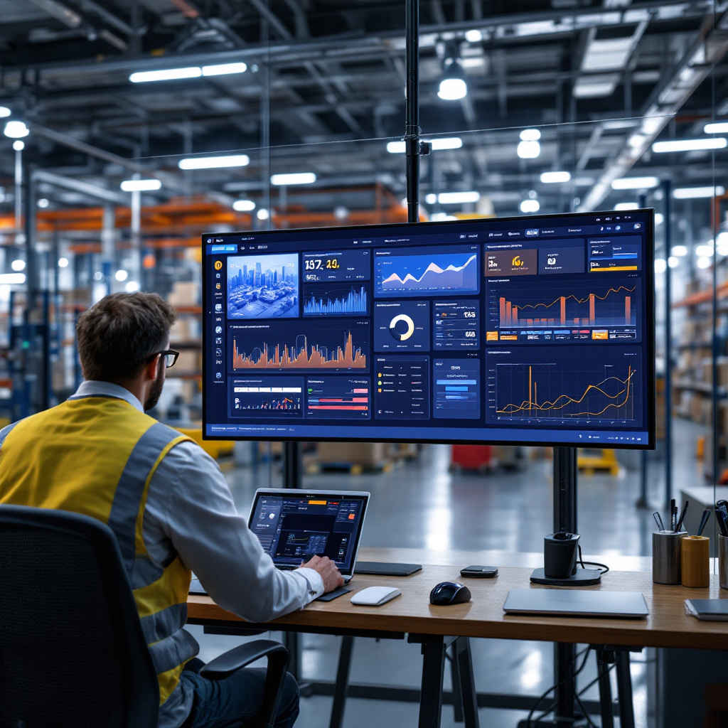 Control room dashboard showing real-time analytics, camera feeds, and alerts in a clean industrial environment, clear UI panels, no text on image