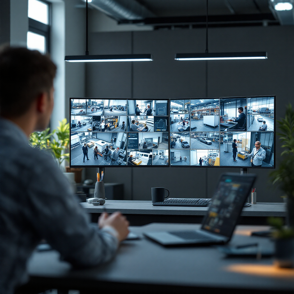 A control room scene showing multiple video feeds with bounding boxes highlighting people and vehicles; modern interface, clear overlays, no text