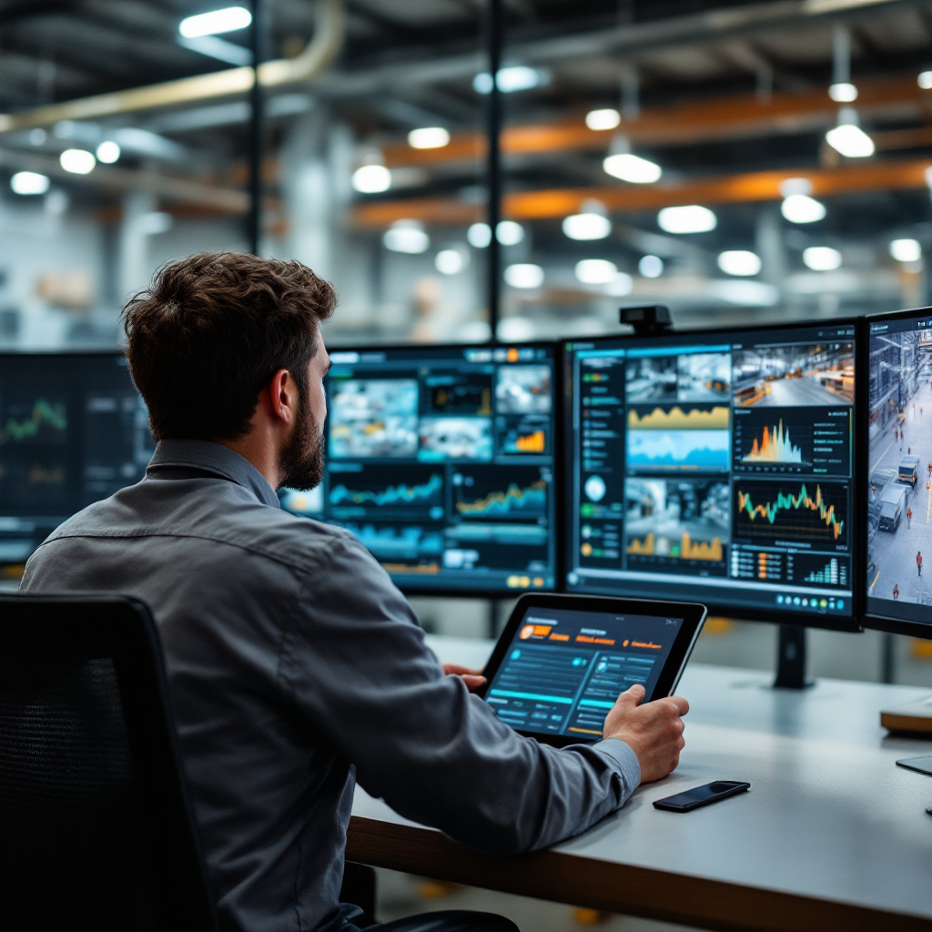 Control room with a supervisor monitoring multiple wall-mounted screens showing analytics dashboards and camera feeds, with a tablet displaying event alerts and a clean industrial setting in the background