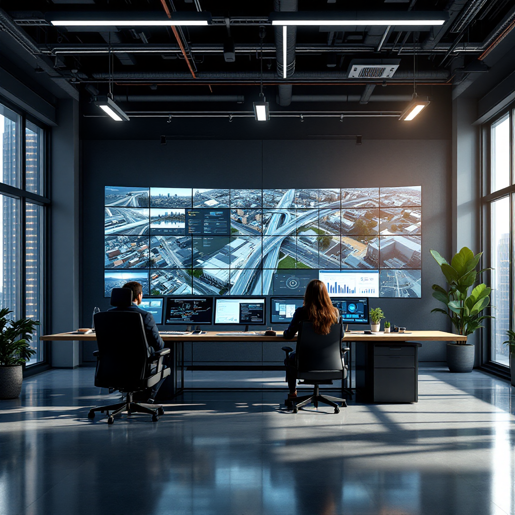 Sala de control con múltiples vistas de cámaras y paneles