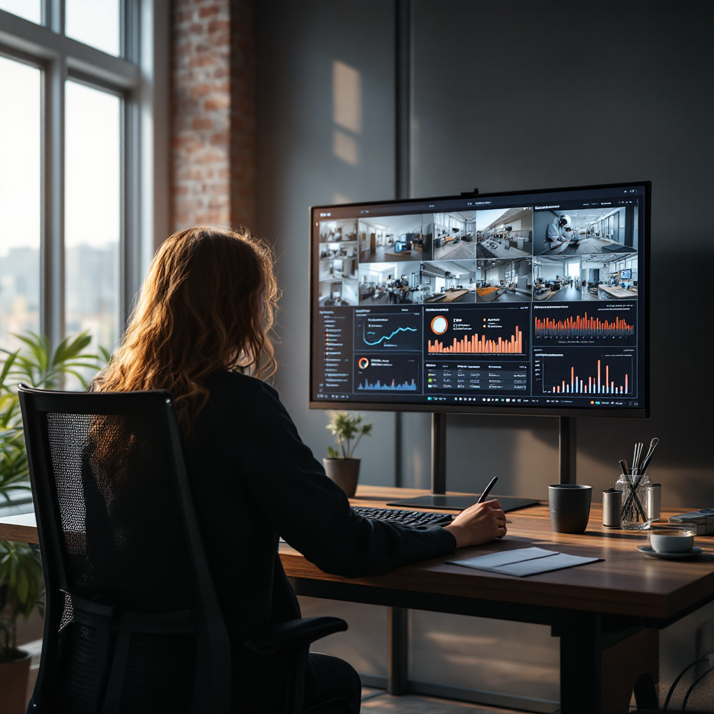 Salle de contrôle avec plusieurs flux de caméras et un tableau de bord