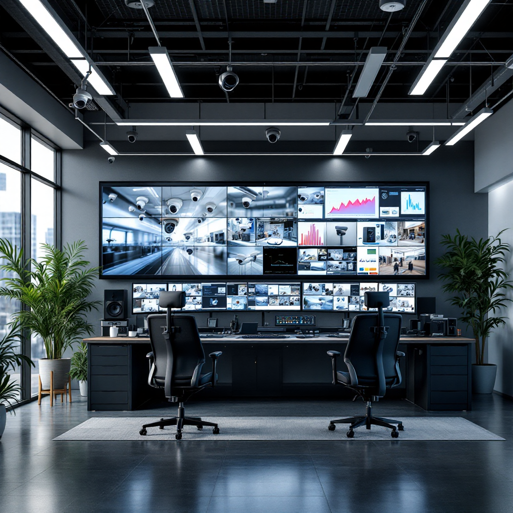 Sala de controle com feeds de câmeras de rede e sobreposições de análises Sala de controle com feeds de câmeras de rede e sobreposições de análises