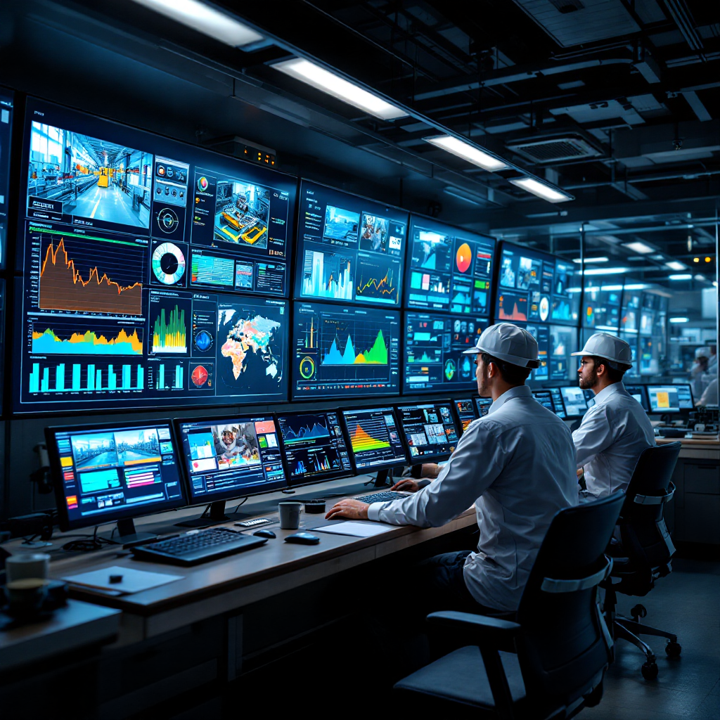 Salle de contrôle avec tableaux de bord de production et flux de caméras Salle de contrôle avec tableaux de bord de production et flux de caméras