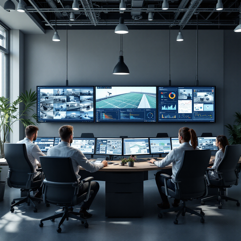Control room with synchronized video and sensor dashboards A clean control room with displays showing synchronized camera footage, sensor readouts, and a dashboard, with technicians viewing real-time analytics, neutral and professional environment