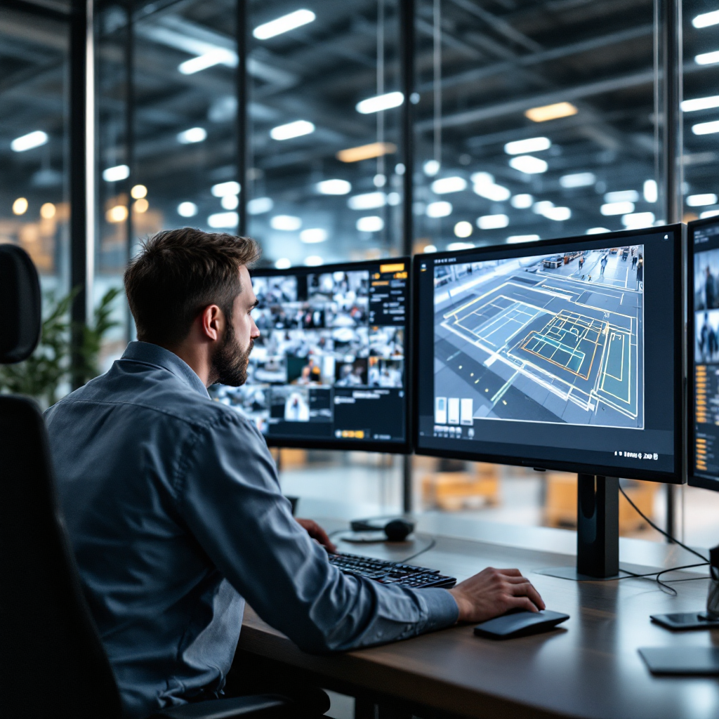 Control room scene showing monitors with multiple video feeds, a security operator responding to an automated alert, and a diagram of a perimeter zone highlighted on screen (no text or numbers in image)