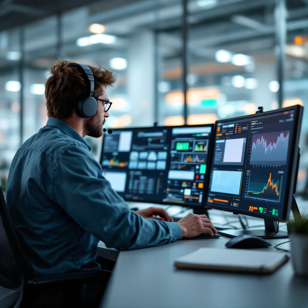 Control room workstation with multi-window interface and headset Close-up of a control room workstation showing a technician interacting with a multi-window software interface, a headset, and a notebook on the desk (no text or numbers)