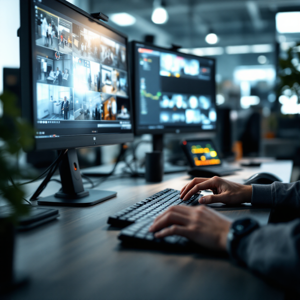 Control room workstation with multiple screens and tidy cabling Close-up of a workstation in a control room showing keyboard, multiple monitor screens with video feeds, ergonomic mouse, and neat cable management in subdued lighting