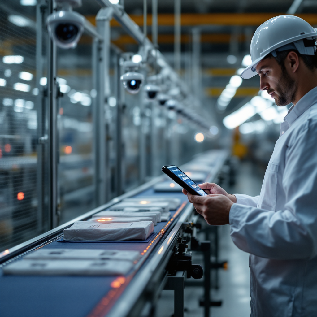 Close-up of a conveyor belt with cameras mounted above inspecting items; a technician reviews highlighted defects on a nearby tablet screen; clean factory environment, no text or numbers