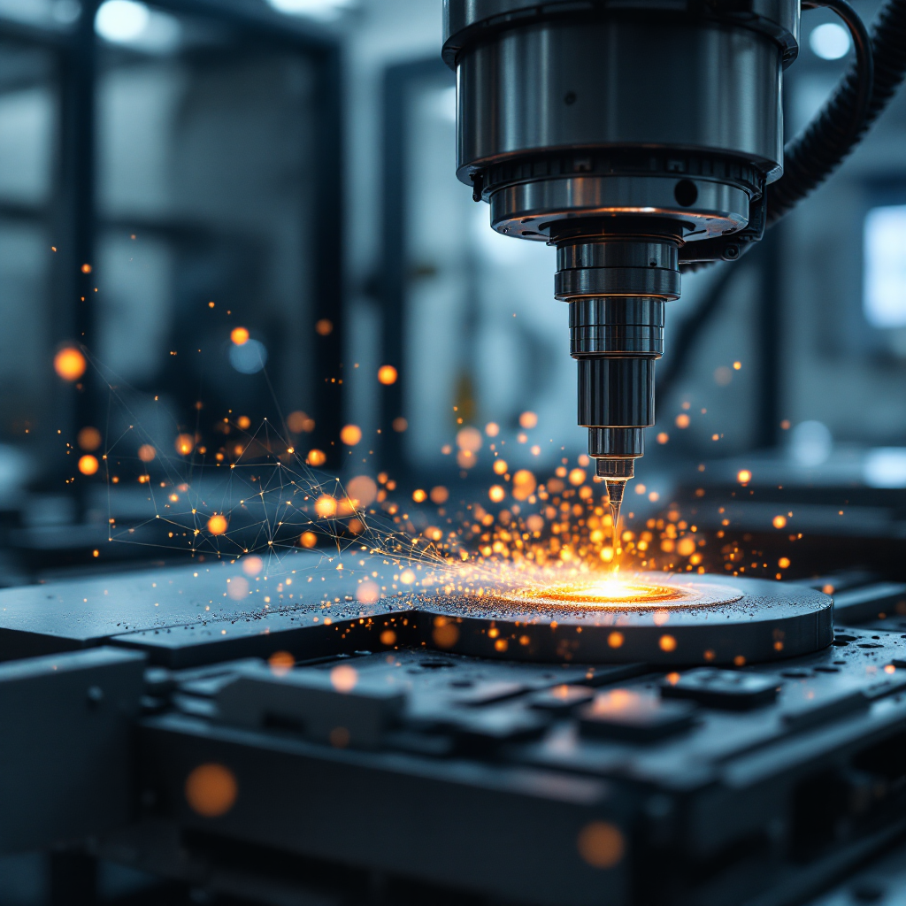 Close-up view of a cutting tool and workpiece in a CNC environment, with visual overlays indicating vibration hotspots and a small sensor module attached nearby, set against a clean factory background
