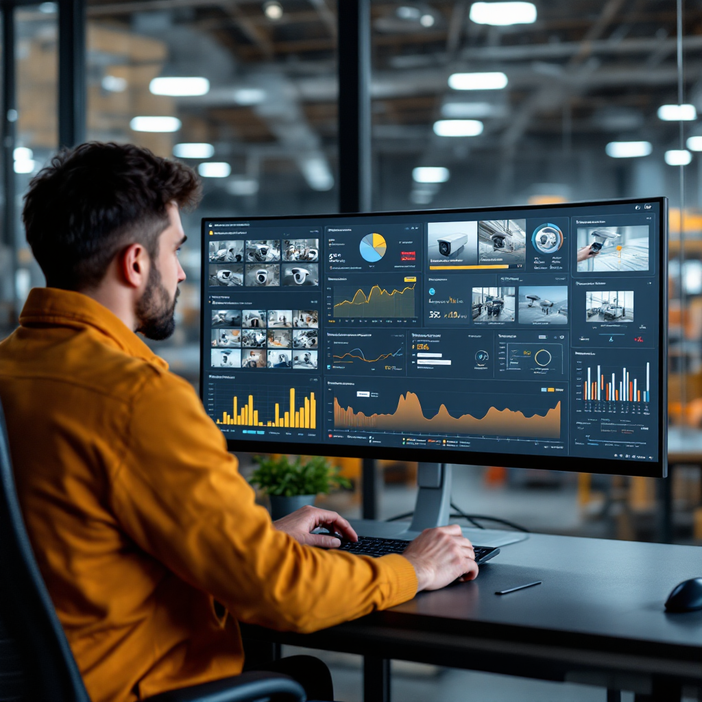 Control room dashboard showing camera thumbnails, alert list, timeline of events, and a map of a facility, clean interface with operational metrics