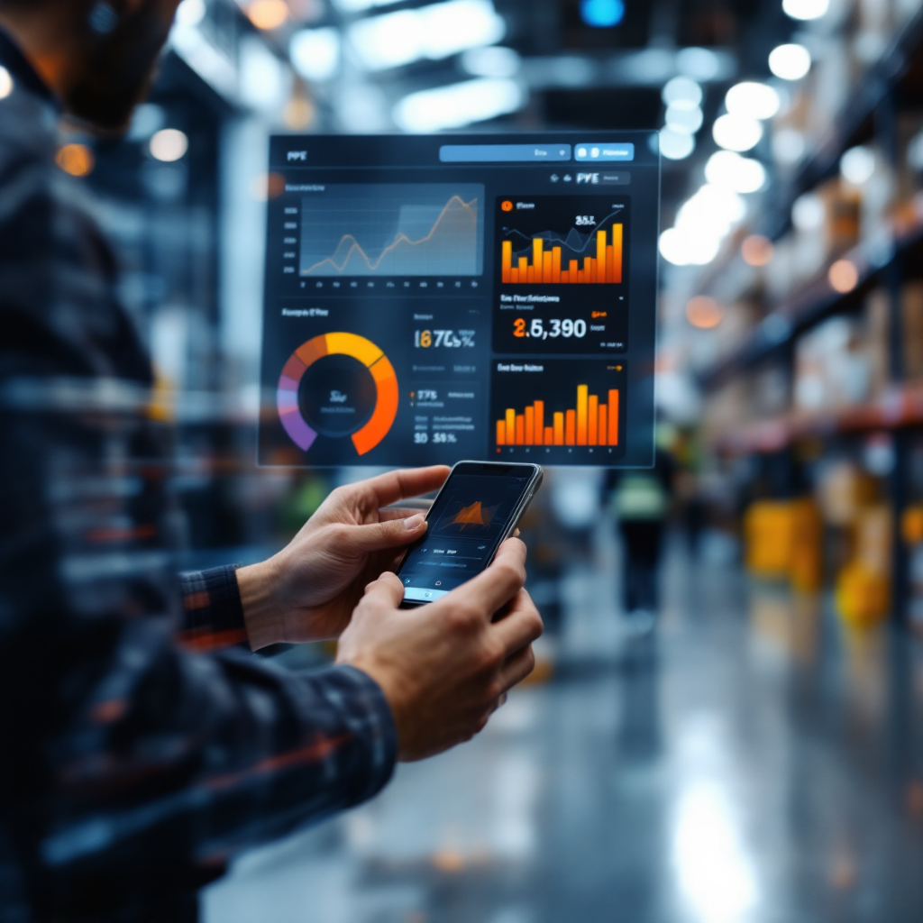 Close-up of an operations dashboard showing real-time alerts and compliance metrics for PPE with simplified icons and timelines; no text