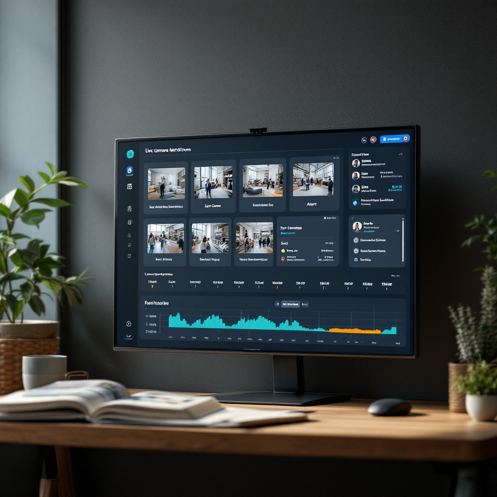 Dashboard with live camera thumbnails and event timeline A collage view showing a dashboard with live camera thumbnails, alert notifications, and a timeline scrub bar illustrating event tags and playback controls