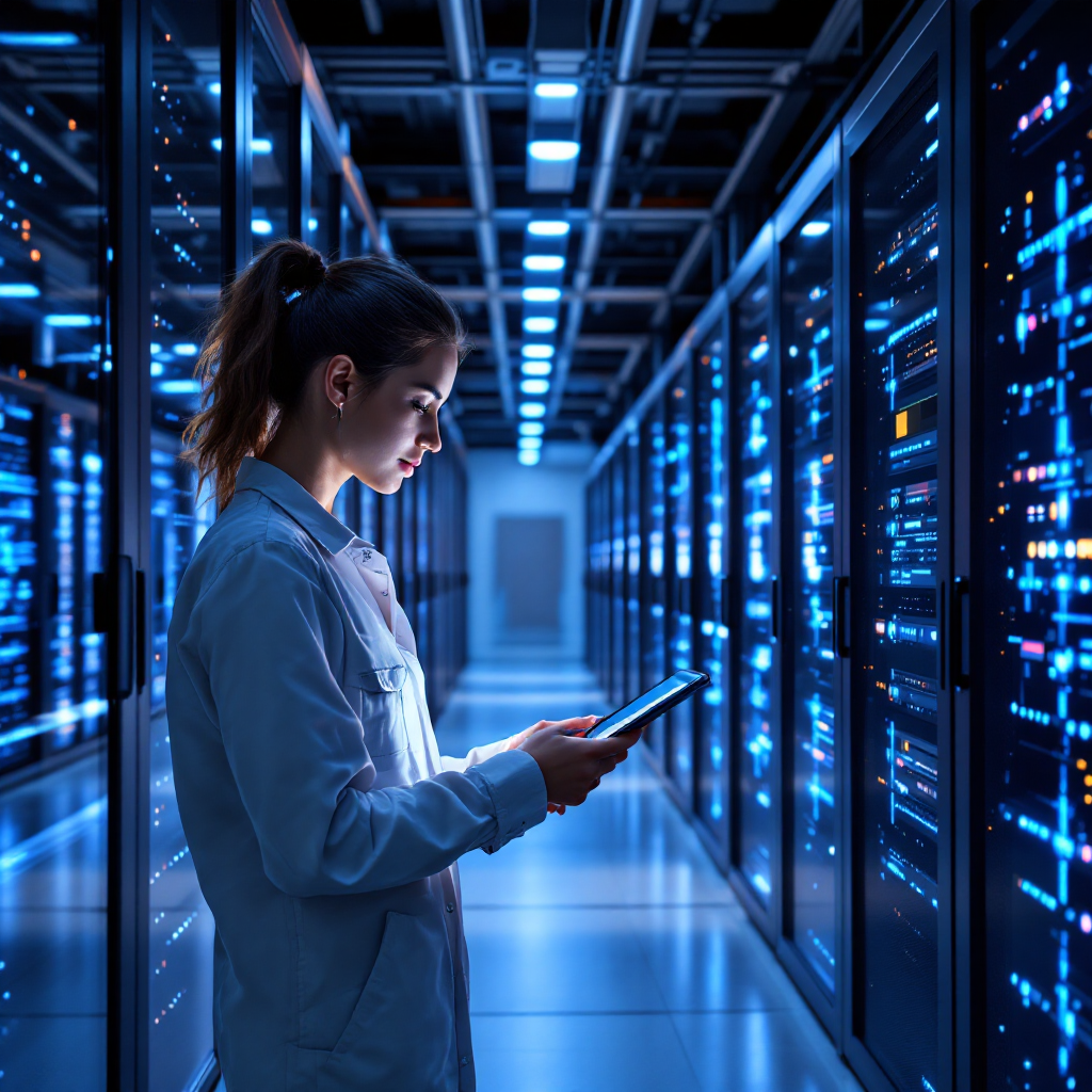 A modern server room with edge computing devices and GPUs, showing neatly arranged servers, subtle blue lighting, and an operator checking a tablet