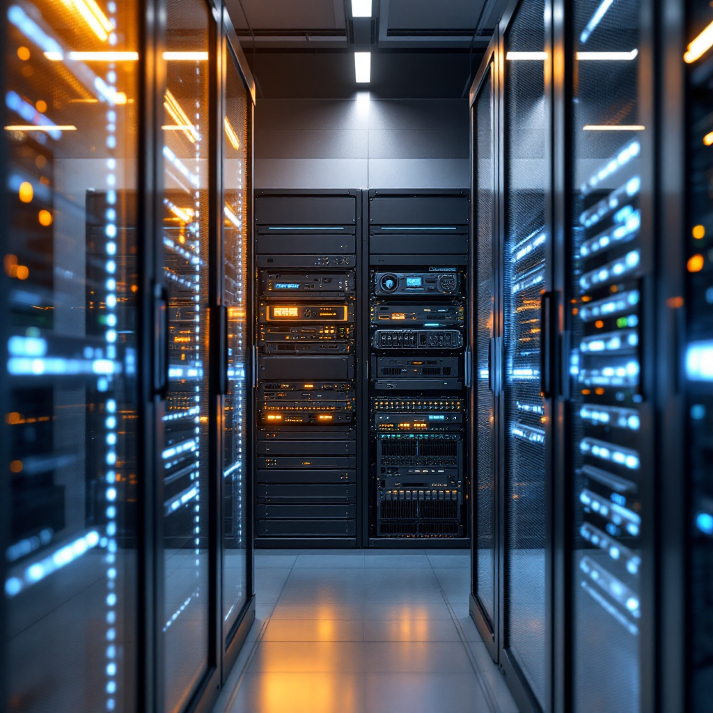 Edge computing hardware rack with GPU server and network switches in a secure rack room, ambient lighting, clean cable management, no visible logos or text
