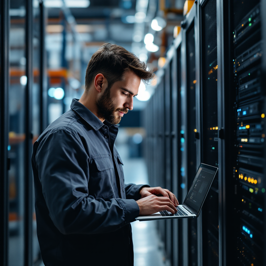 Technicus die software installeert op een laptop naast servers