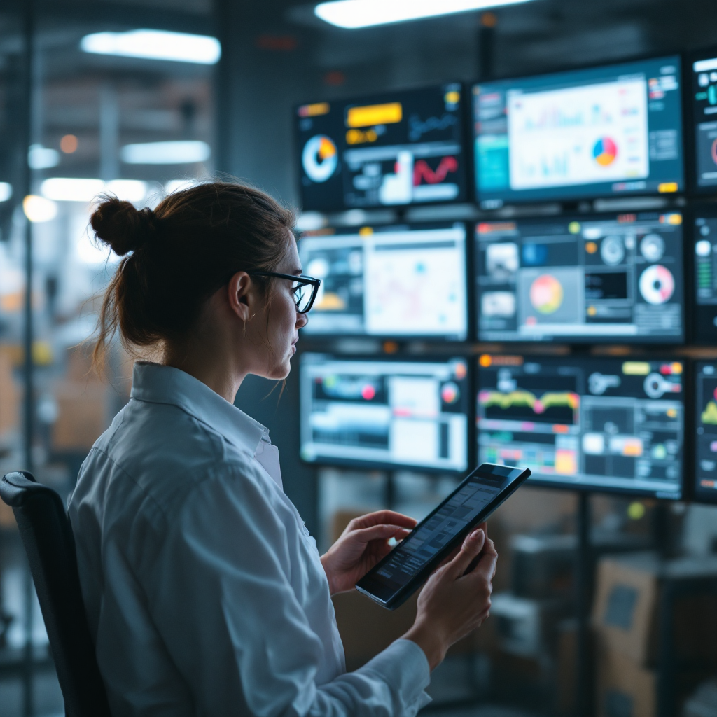 Fabriekscontrolekamer met dashboards en camerafeeds