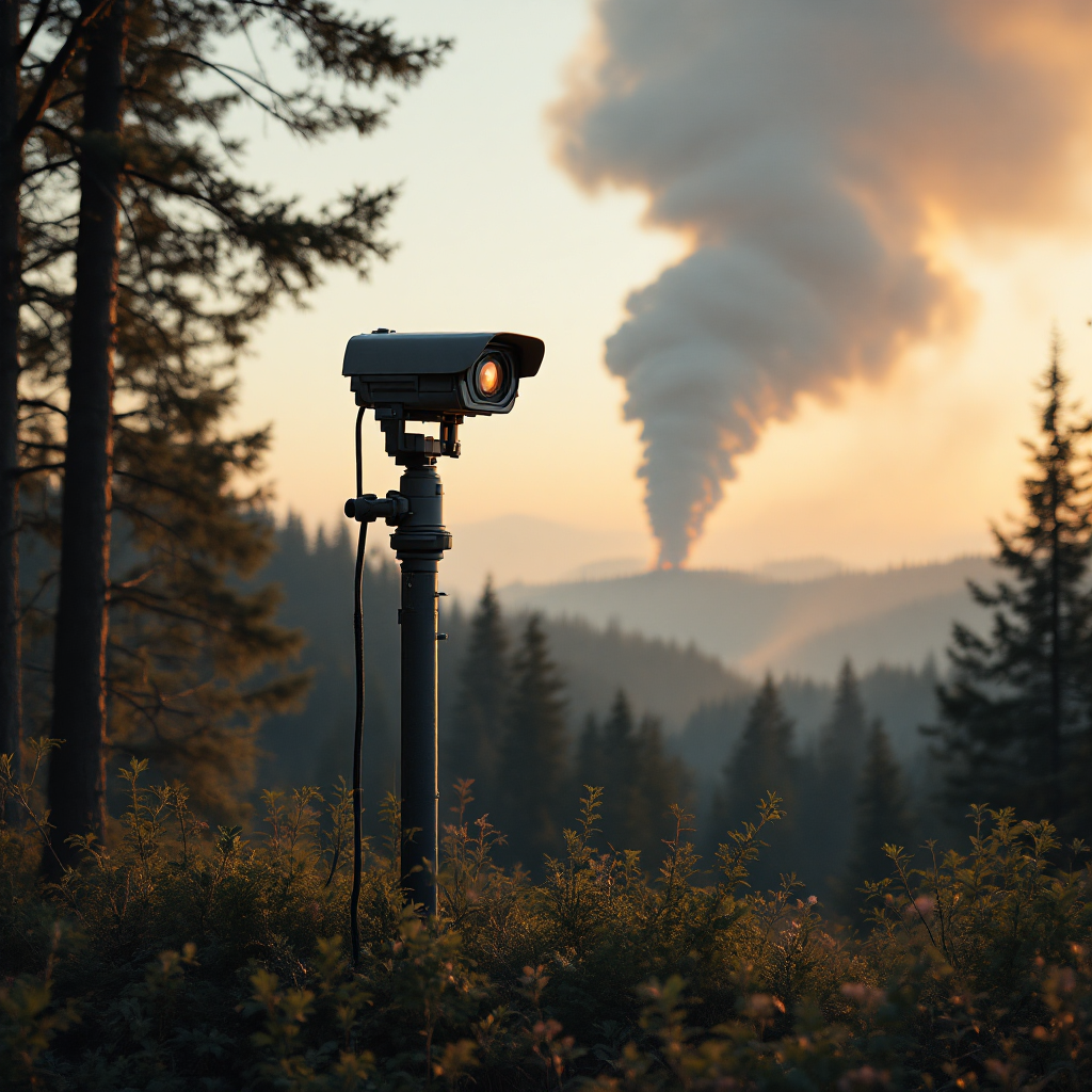 Panoramic view of a forest edge at dawn with distant rising smoke plume and a mounted camera on a pole in the foreground, soft natural light, no text