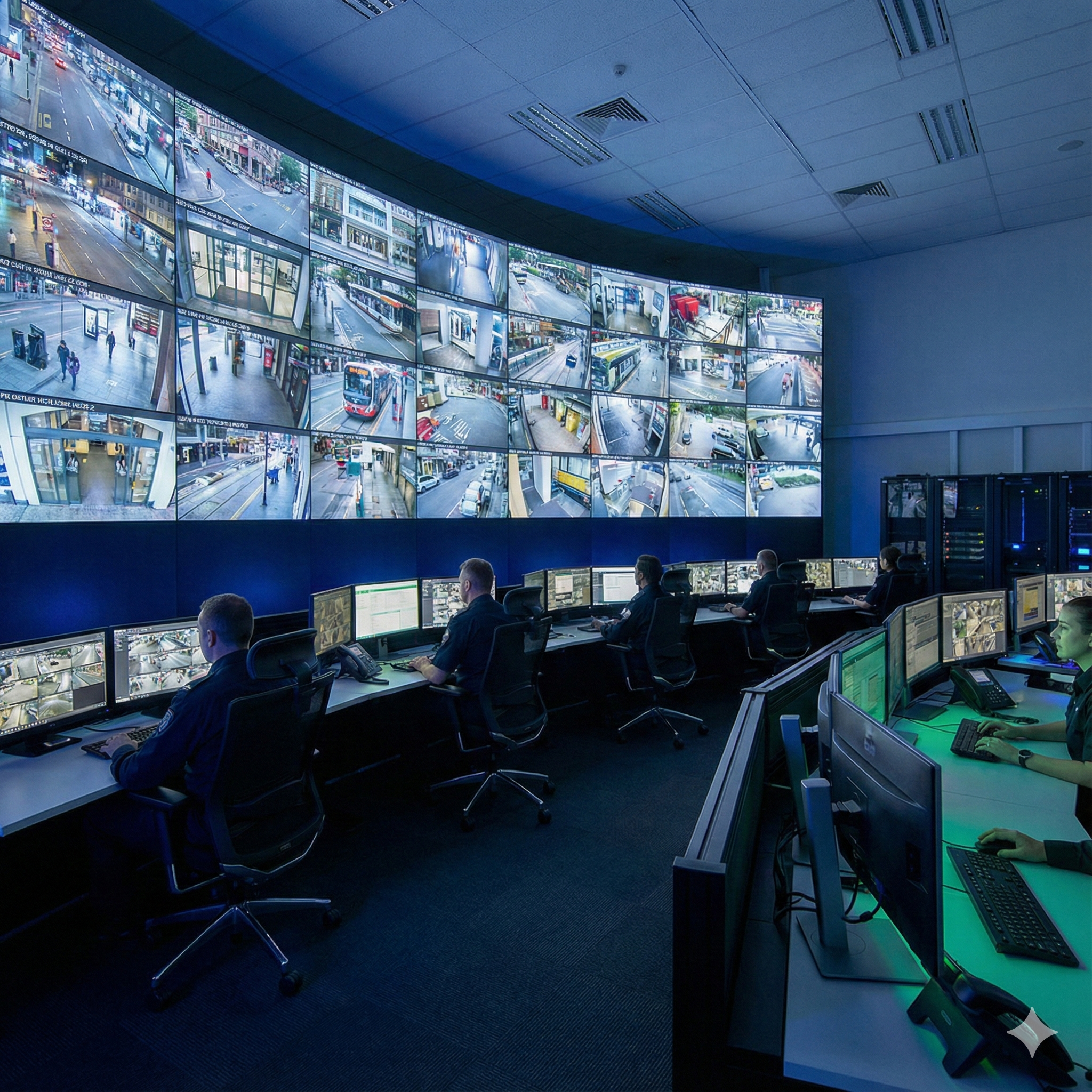 Security operations centre with multiple camera feeds Modern security operations centre with multiple large screens showing camera feeds and operators at desks working, clean and professional environment, no text or numbers