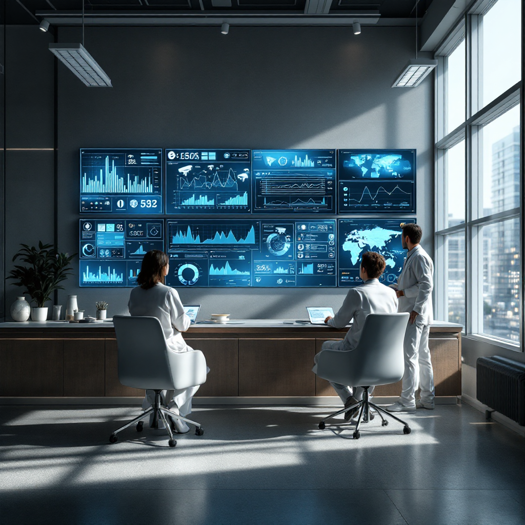 Healthcare monitoring with analytics dashboards A healthcare monitoring room showing non-identifiable silhouettes, camera schematic overlays, and staff viewing analytics dashboards, modern and calm setting, no text