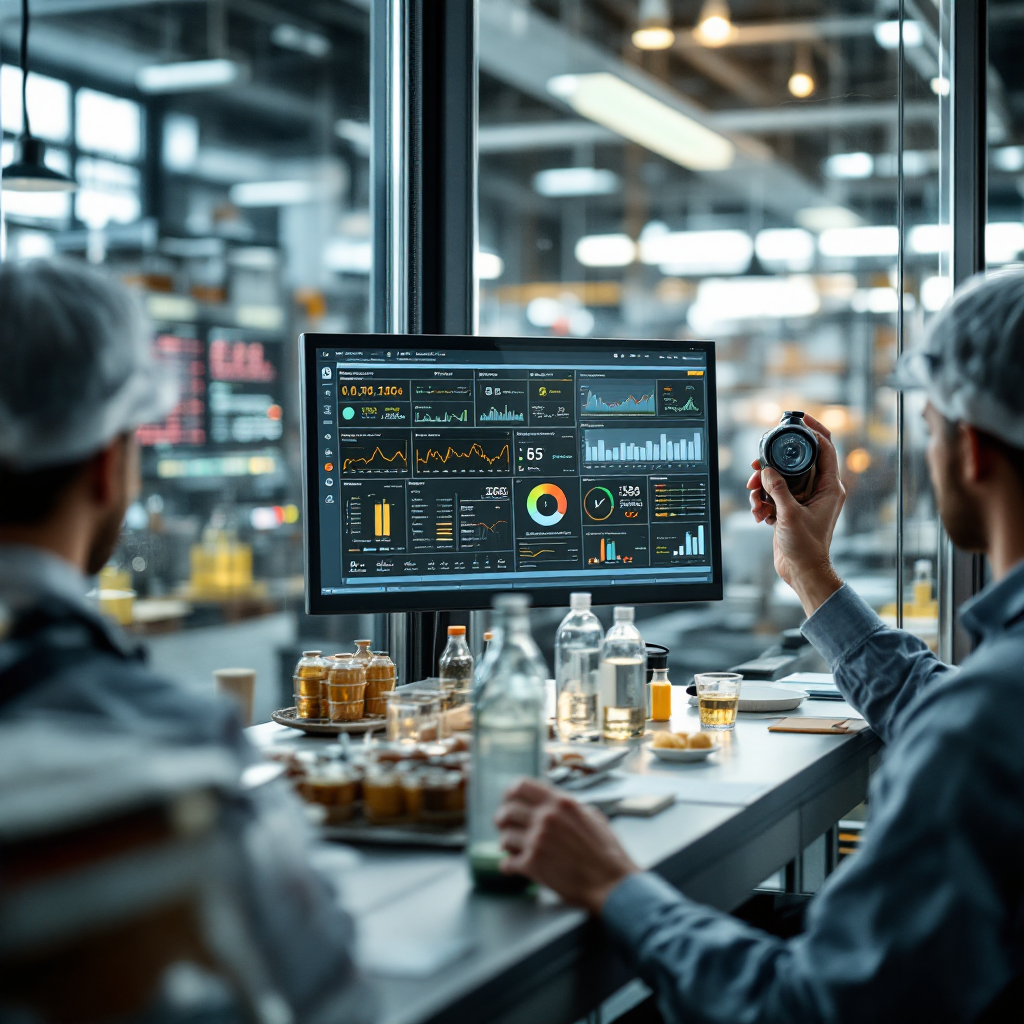Control room dashboard showing live feeds of bottle inspection, statistics for throughput, recall, precision, and event logs from multiple inspection stations