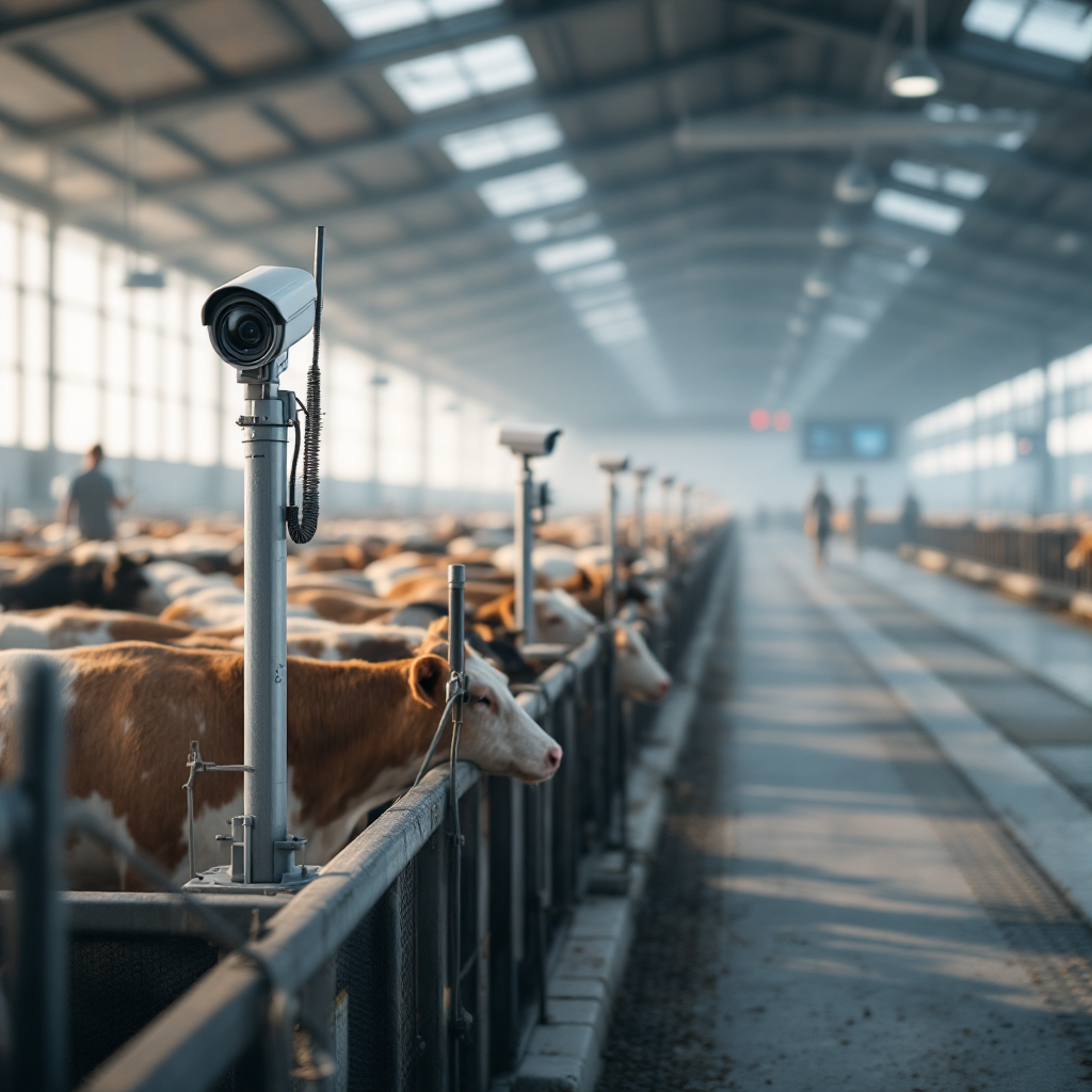 A modern livestock farm perimeter with CCTV cameras on poles overlooking a clean animal handling area, with sensors and an operations control room in the distant background, soft daylight