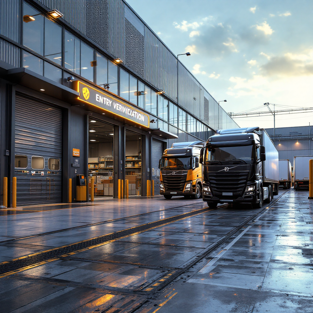 A logistics yard with delivery trucks, a gatehouse with cameras, and digital signage showing entry verification; clean industrial environment with clear signage, daytime