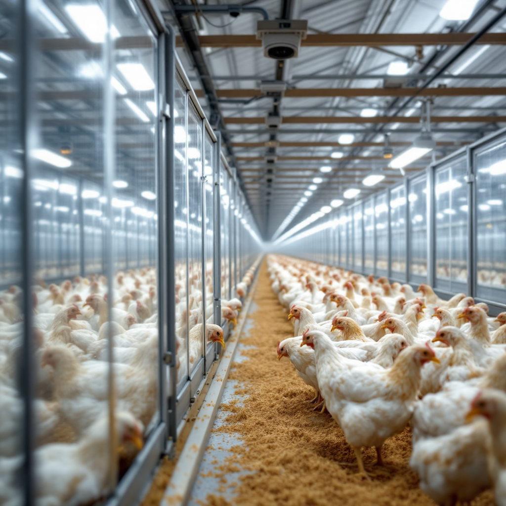 Interior of a modern poultry house showing rows of broiler chicken under LED lighting with ceiling-mounted cameras and unobtrusive environmental sensors, clean and bright, no text