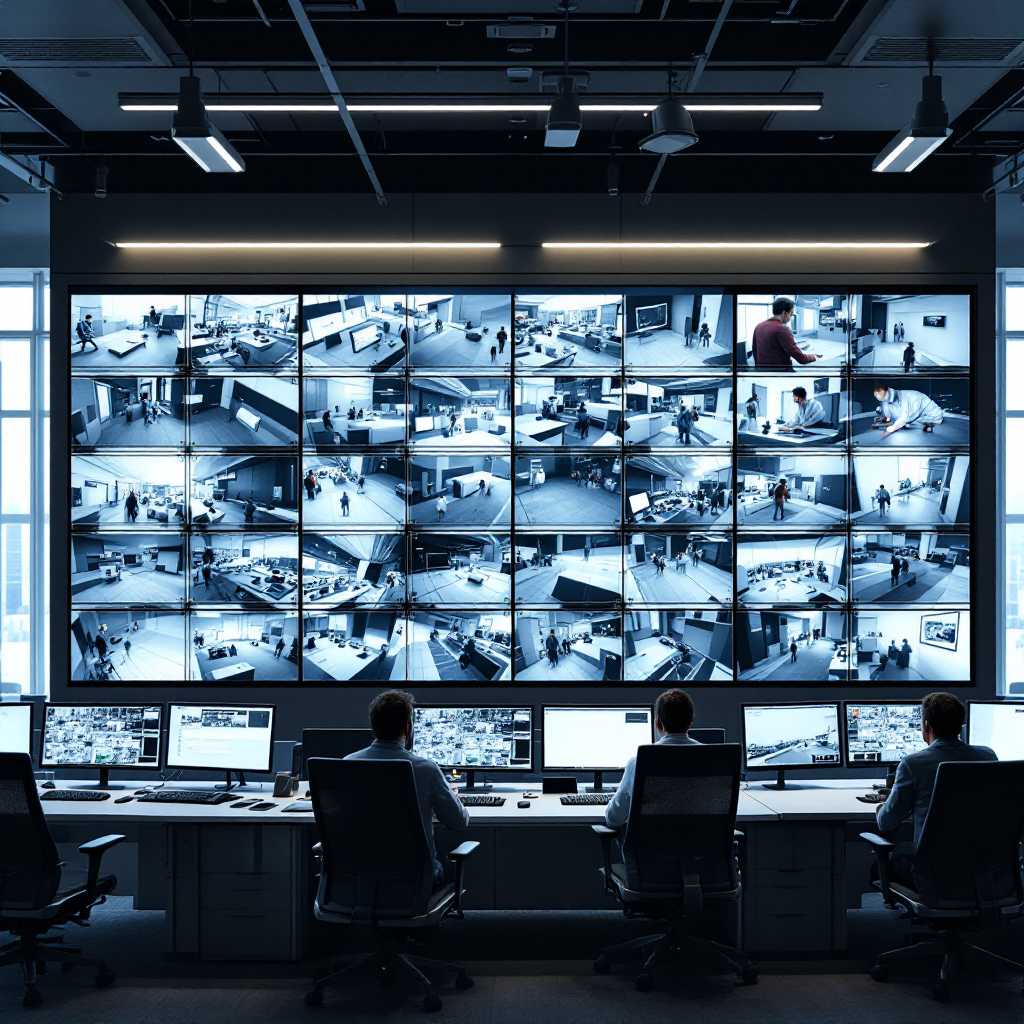 A wide-angle view of a multi-panel video wall in a surveillance control room showing several high-resolution screens arranged in grid, operator desks with monitors and ergonomic chairs, soft overhead lighting