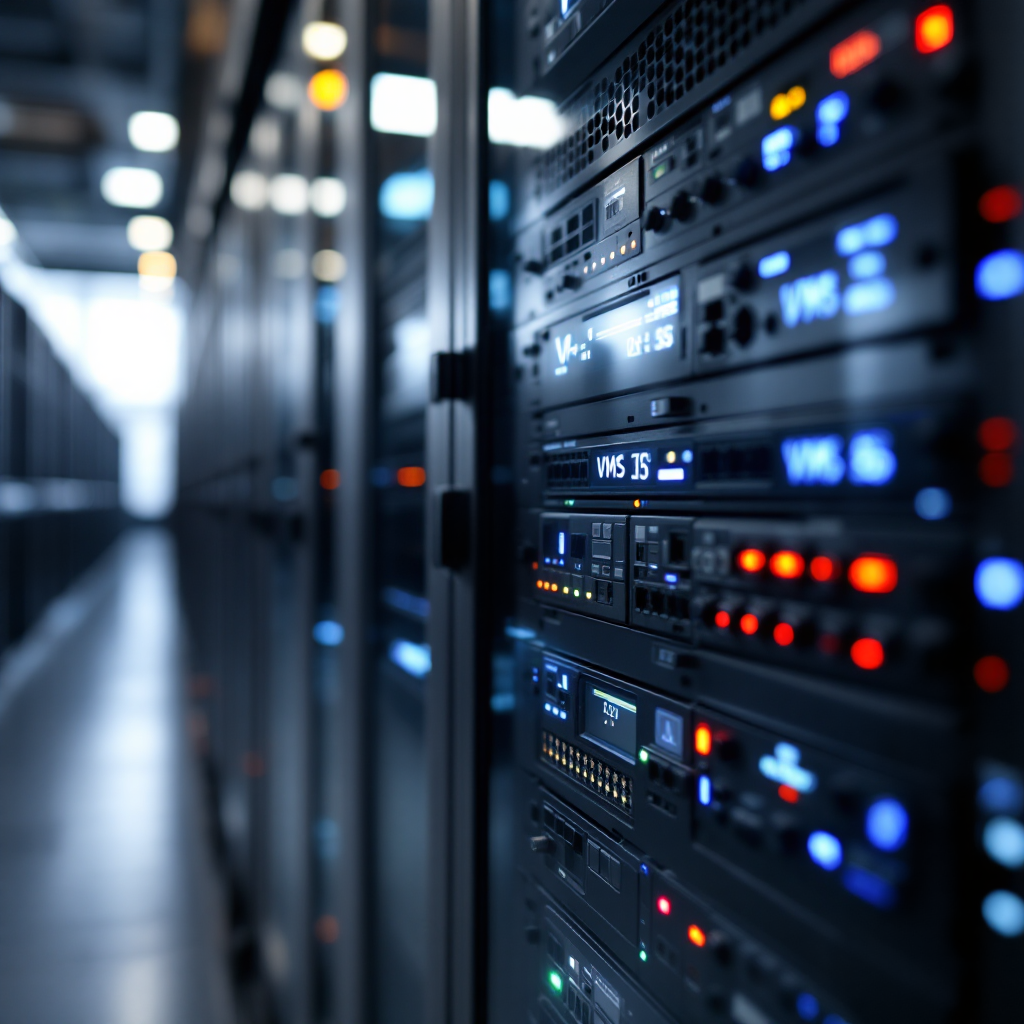 Rack de red con dispositivos VMS y discos de almacenamiento