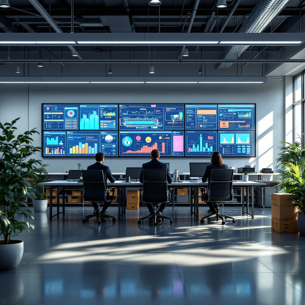 A data operations centre showing wall-sized dashboards with supply chain flow diagrams, inventory status, and a digital twin simulation of a processing line. Calm professional setting, no text or numbers in image.