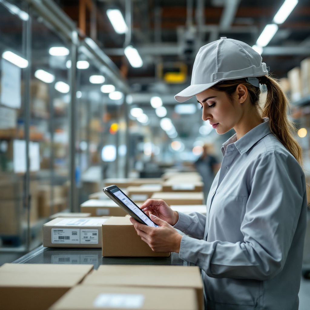 Close-up image of a packaging line operator using a tablet while an overhead camera captures label close-ups on boxes, with visible LED lighting and calibration charts in the background (no text or numbers)