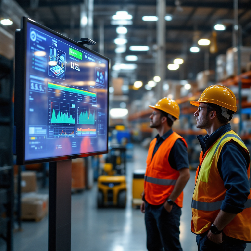 Operator training with display of detection zones and alerts A training session in a plant where forklift operators view a large display showing detection zones, camera feeds, and alert logs; scene shows instructors and operators in high-visibility vests, no text or numbers