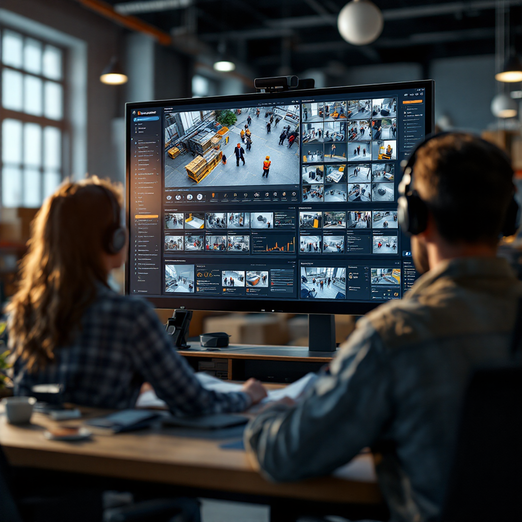 A control room operator viewing a video investigation dashboard with thumbnails, event timeline, and metadata fields on a large monitor, with a second monitor showing live camera views
