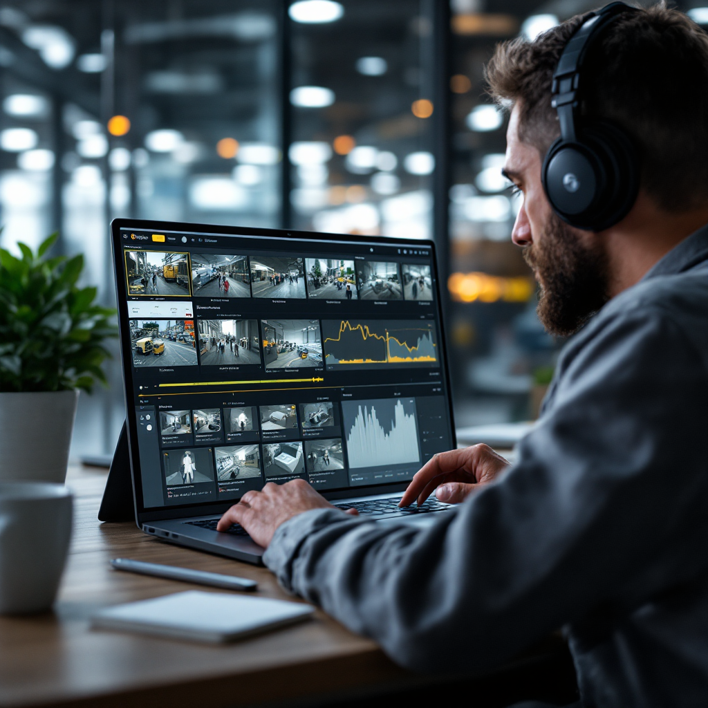 Operator using advanced object search filters A security operator annotating a video timeline on a laptop with highlighted events and filters visible, modern workspace, no text