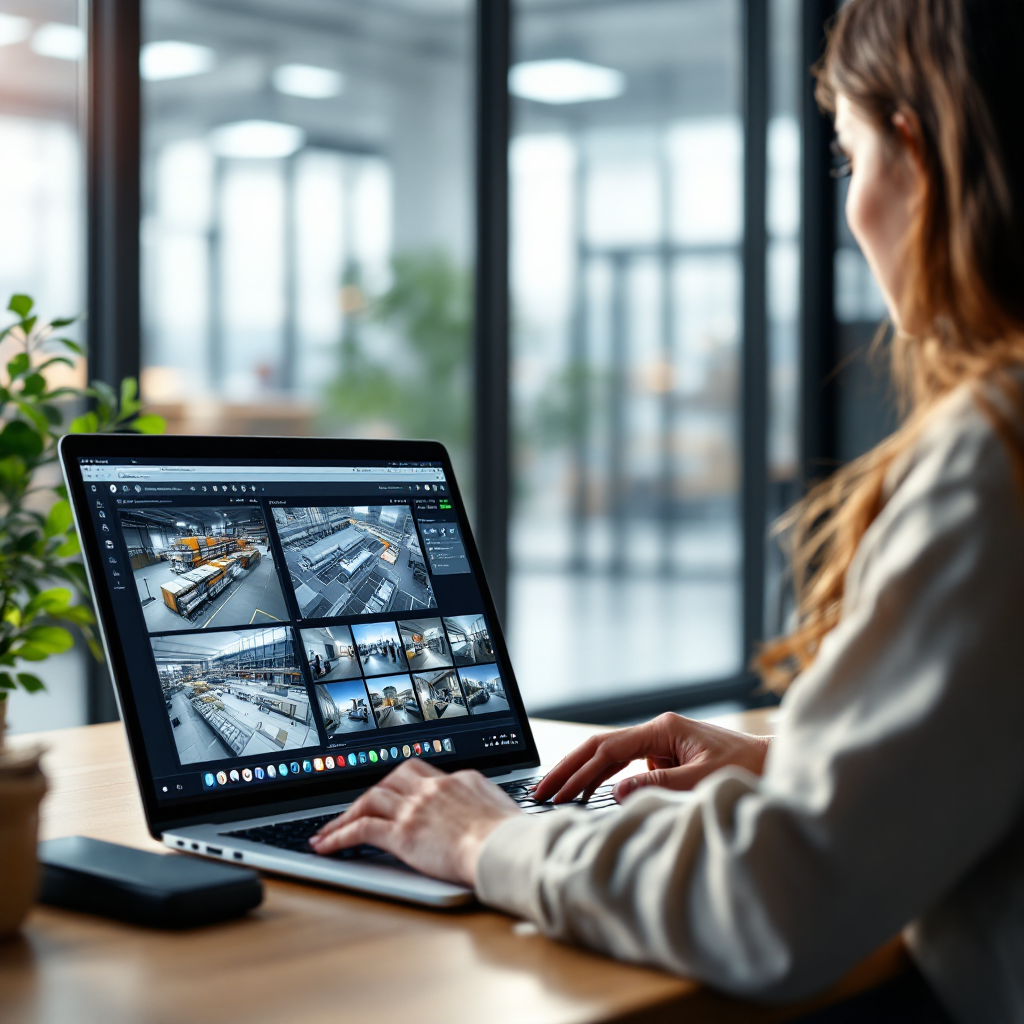 Operator using laptop with live camera thumbnails and facility map Operator using a laptop showing a security application with live camera thumbnails and a facility map beside it, in a bright office environment