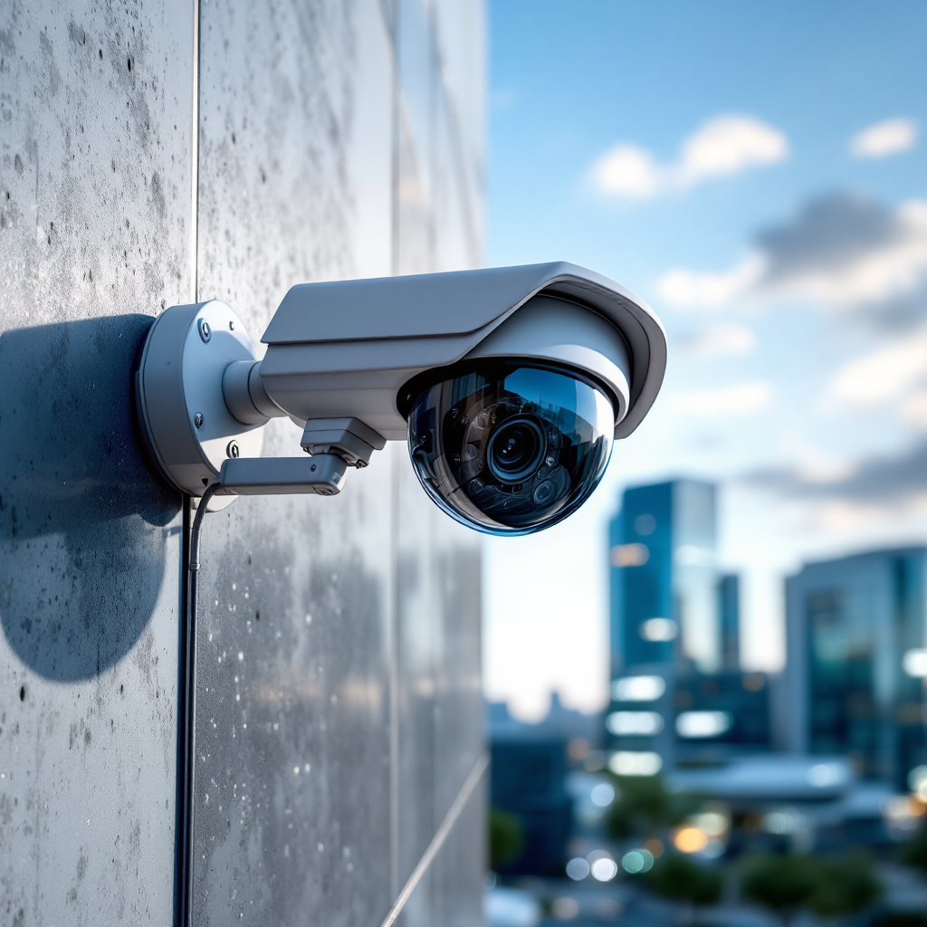 Outdoor CCTV camera on building exterior Close-up of a CCTV camera mounted on a modern building exterior with visible skies and urban background, high detail and clarity