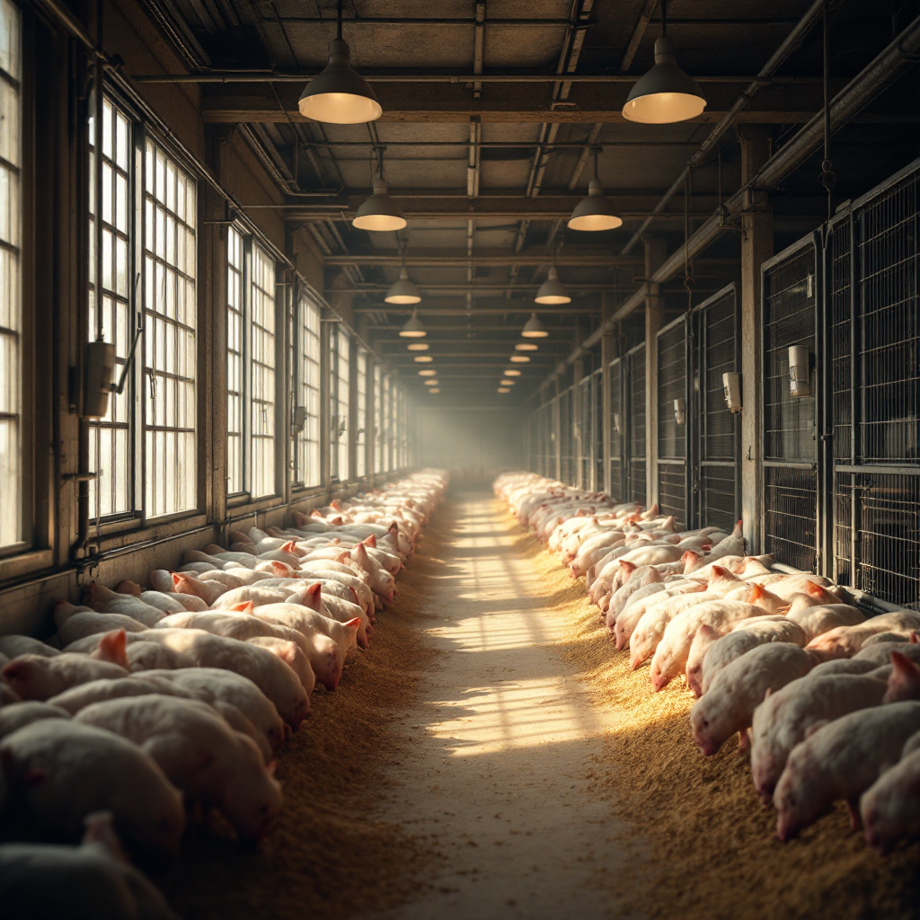 Non-graphic calm lairage area with pens, non-invasive cameras mounted overhead, natural lighting, no animals in distress